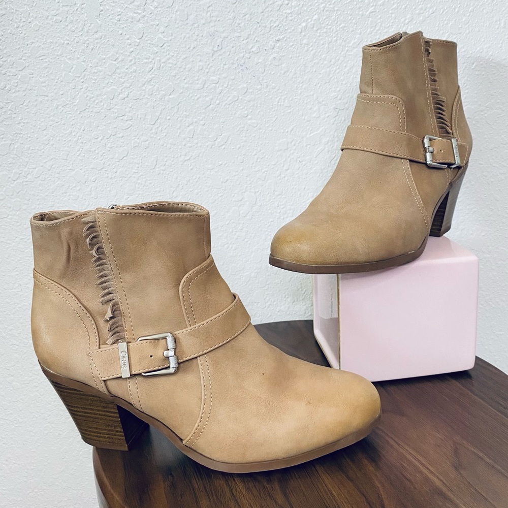 🍓 Sam Edelman Circus Leah Fringe Boho Buckle Heeled Tan Leather Ankle Booties 9M